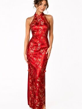 Red Floral Satin Maxi Dress